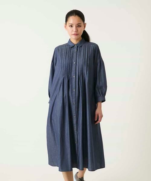 Maison de CINQ / メゾン ドゥ サンク ロング・マキシ丈ワンピース | 【小さいサイズ】ピンタックデザインダンガリーワンピース（ネイビー）