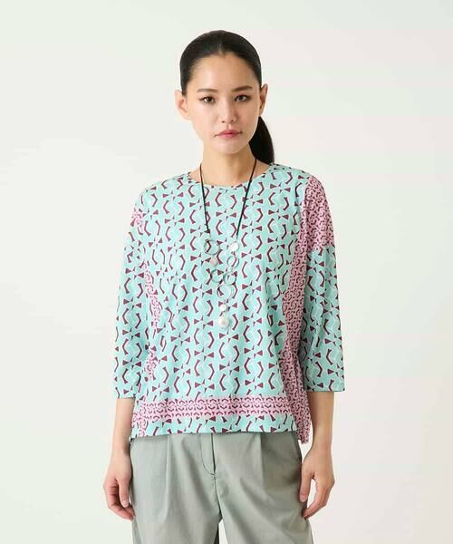 Maison de CINQ / メゾン ドゥ サンク カットソー | 【小さいサイズ】幾何デザインボックスシルエットブラウス（グリーン系）