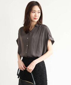 Maison de CINQ / メゾン ドゥ サンク シャツ・ブラウス | 【小さいサイズ】[瞬美シリーズ/UVカット/接触冷感/洗える]メタル釦デザイン サテン地ブラウス