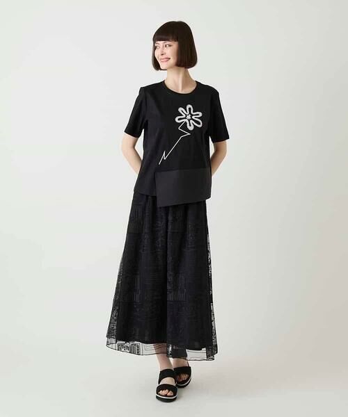 Maison de CINQ / メゾン ドゥ サンク カットソー | 【小さいサイズ/接触冷感】異素材切り替えフラワー刺繍デザインTシャツ | 詳細4