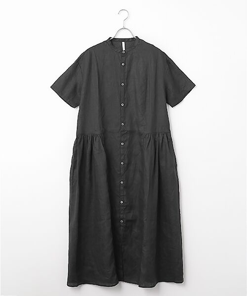 maison de F / メゾンドエフ ロング・マキシ丈ワンピース | フレンチリネン　バンドカラーワンピース（001クロ）