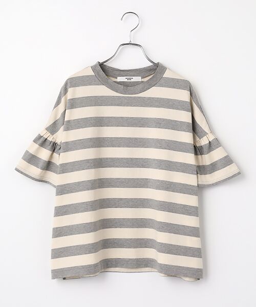 maison de F / メゾンドエフ Tシャツ | 度詰め天竺ボーダー　ギャザースリーブPO（123 グレー×キナリ）