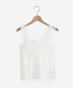 華やかな生地とクロスデザインのバックスタイルがポイントのインナーが登場♪<br>贅沢に2種類のレース素材を使用し、伸縮性があるので優しい柔らかな手触りです。<br>胸元はギャザーを施し立体感のあるシルエットなので、羽織りとの組み合わせが◎<br><br>・・・・・・・・・・・・・・・・・・・・・・<br>透け感：ややあり<br>裏地： なし<br>伸縮性：あり<br>光沢感：なし<br>生地の厚さ：薄手 <br>・・・・・・・・・・・・・・・・・・・・・・ <br><br>■商品のお気に入り登録 再入荷通知やのこりわずか、お得なプライスダウンの情報も受け取ることができます。 <br>ぜひご登録ください◎<br>手洗い可　ドライクリーニング不可　陰干し<br>＊摩擦や水濡れによる色落ち・色移りにご注意下さい。