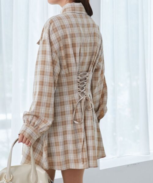 MAJESTIC LEGON/マジェスティックレゴン バックレースアップミニシャツワンピ ベージュ柄 M MAJESTIC LEGON/マジェスティックレゴン バックレースアップミニシャツワンピ ベージュ柄 M