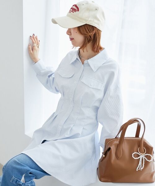 MAJESTIC LEGON/マジェスティックレゴン バックレースアップミニシャツワンピ ブルー柄 M MAJESTIC LEGON/マジェスティックレゴン バックレースアップミニシャツワンピ ブルー柄 M