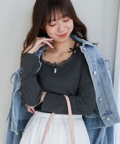 MAJESTIC LEGON / マジェスティックレゴン カットソー | レース使い肩リボントップス