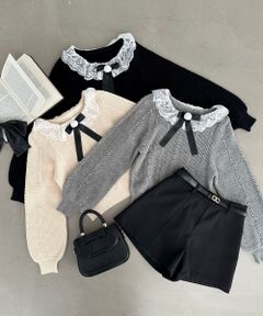 MAJESTIC LEGON / マジェスティックレゴン ニット・セーター | リボンブローチ付レース襟ニット