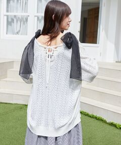 MAJESTIC LEGON / マジェスティックレゴン カーディガン・ボレロ | レースアップスカシ柄ミディカーデ