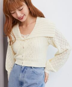 MAJESTIC LEGON / マジェスティックレゴン カーディガン・ボレロ | ビッグカラー透かしニットカーデ