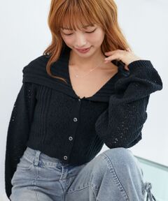 MAJESTIC LEGON / マジェスティックレゴン カーディガン・ボレロ | ビッグカラー透かしニットカーデ