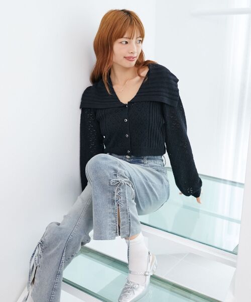 MAJESTIC LEGON / マジェスティックレゴン カーディガン・ボレロ | ビッグカラー透かしニットカーデ | 詳細29