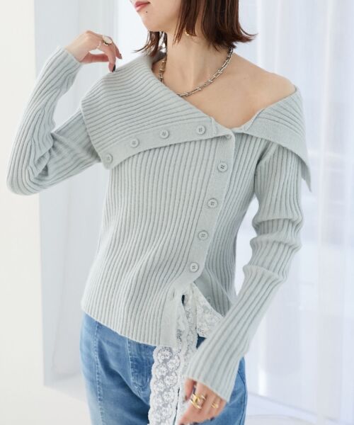 MAJESTIC LEGON/マジェスティックレゴン ビッグカラーボタンオフショルニット グレー M MAJESTIC LEGON/マジェスティックレゴン ビッグカラーボタンオフショルニット グレー M