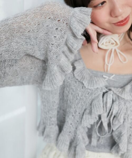 MAJESTIC LEGON/マジェスティックレゴン フリルカーデ×リボンインナーセット グレー M MAJESTIC LEGON/マジェスティックレゴン フリルカーデ×リボンインナーセット グレー M
