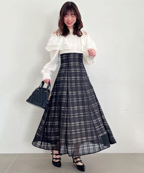 MAJESTIC LEGON/マジェスティックレゴン ウエストきゅっとオフショルワンピ ブラック柄 S MAJESTIC LEGON/マジェスティックレゴン ウエストきゅっとオフショルワンピ ブラック柄 S