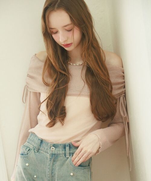 MAJESTIC LEGON / マジェスティックレゴン カットソー | ドロストオフショルラメチュールトップス（ピンク）