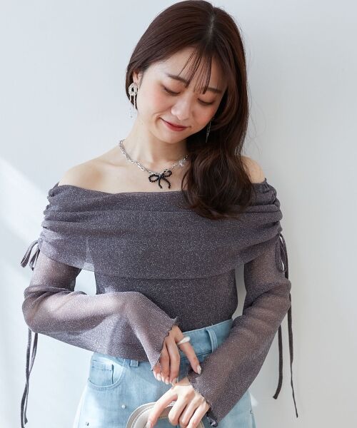 MAJESTIC LEGON / マジェスティックレゴン カットソー | ドロストオフショルラメチュールトップス（Ｃ／グレー）