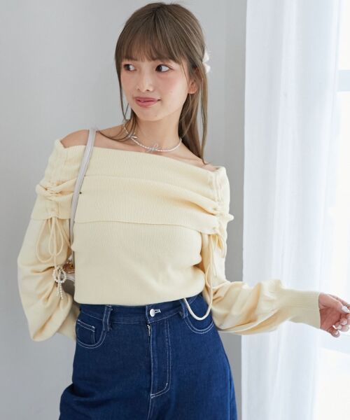 MAJESTIC LEGON/マジェスティックレゴン ドロストオフショルニット イエロー M MAJESTIC LEGON/マジェスティックレゴン ドロストオフショルニット イエロー M