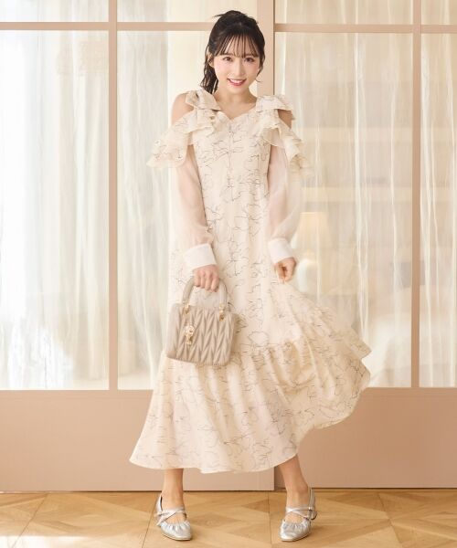 MAJESTIC LEGON/マジェスティックレゴン フリルリボン肩あきワンピース アイボリー柄 XS MAJESTIC LEGON/マジェスティックレゴン フリルリボン肩あきワンピース アイボリー柄 XS