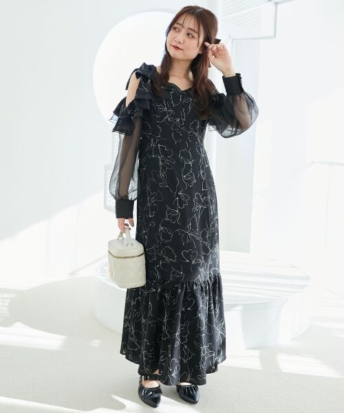 MAJESTIC LEGON/マジェスティックレゴン フリルリボン肩あきワンピース ブラック柄 S MAJESTIC LEGON/マジェスティックレゴン フリルリボン肩あきワンピース ブラック柄 S