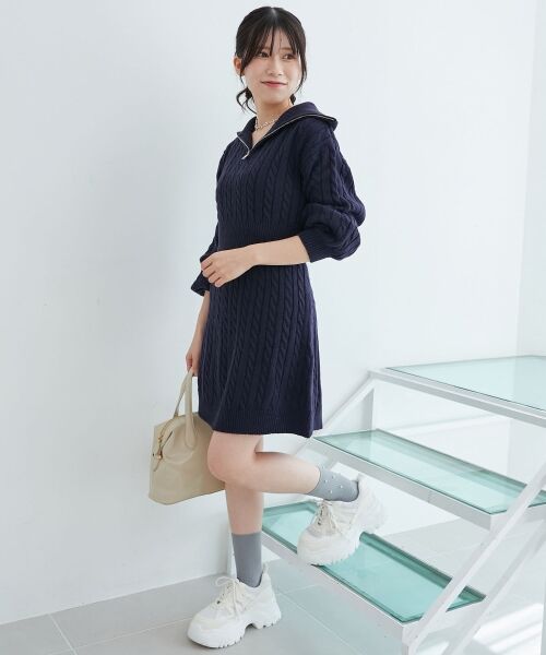 MAJESTIC LEGON/マジェスティックレゴン ケーブルジップニットミニワンピ ネイビー M MAJESTIC LEGON/マジェスティックレゴン ケーブルジップニットミニワンピ ネイビー M