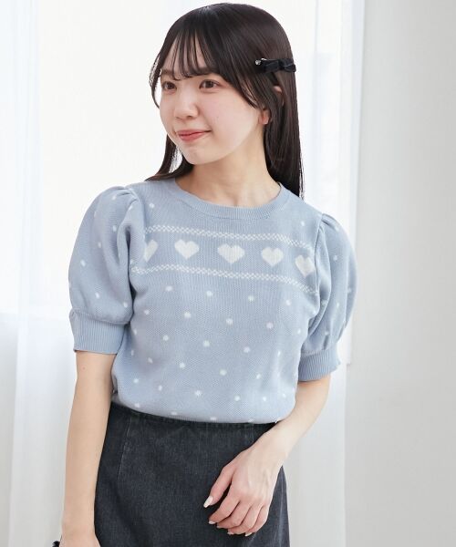 MAJESTIC LEGON/マジェスティックレゴン ハートジャカードパフスリーブニット ブルー M MAJESTIC LEGON/マジェスティックレゴン ハートジャカードパフスリーブニット ブルー M