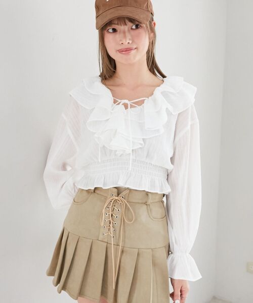 MAJESTIC LEGON/マジェスティックレゴン フロントリボンシアーフリルブラウス アイボリー M MAJESTIC LEGON/マジェスティックレゴン フロントリボンシアーフリルブラウス アイボリー M