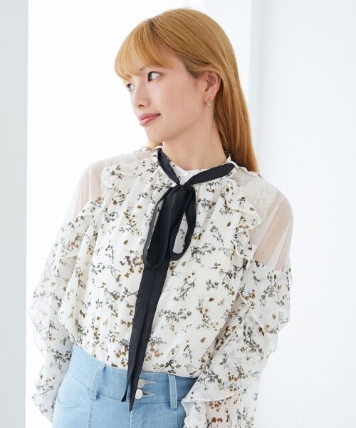 MAJESTIC LEGON/マジェスティックレゴン リボン付きフリルブラウス アイボリー柄 M MAJESTIC LEGON/マジェスティックレゴン リボン付きフリルブラウス アイボリー柄 M