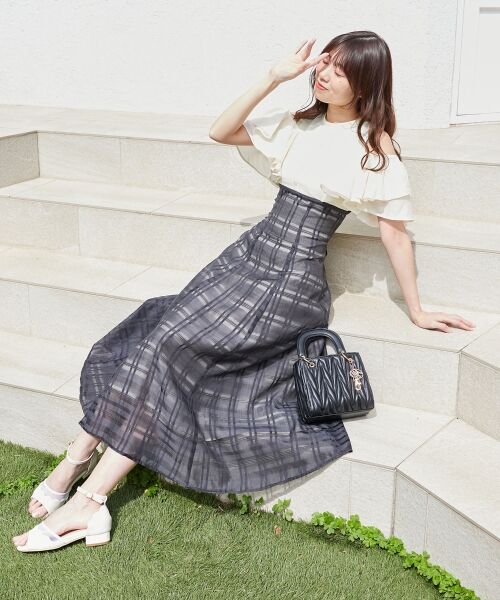 MAJESTIC LEGON/マジェスティックレゴン ウエストきゅっとフリルフレアワンピ ブラック柄 XS MAJESTIC LEGON/マジェスティックレゴン ウエストきゅっとフリルフレアワンピ ブラック柄 XS