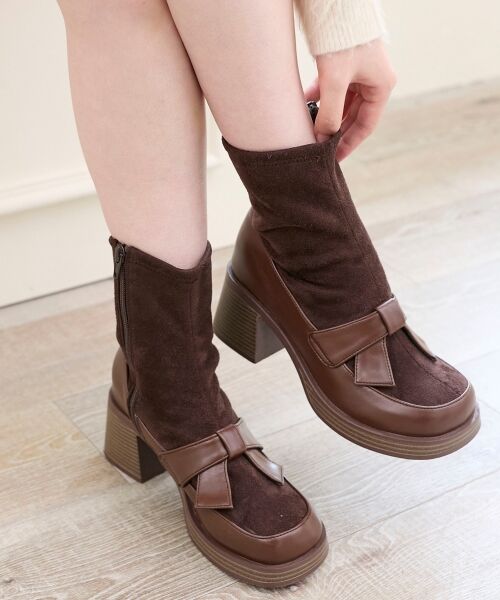 MAJESTIC LEGON / マジェスティックレゴン ブーツ(ショート丈) | リボンローファーコンビブーツ(ブラウン)