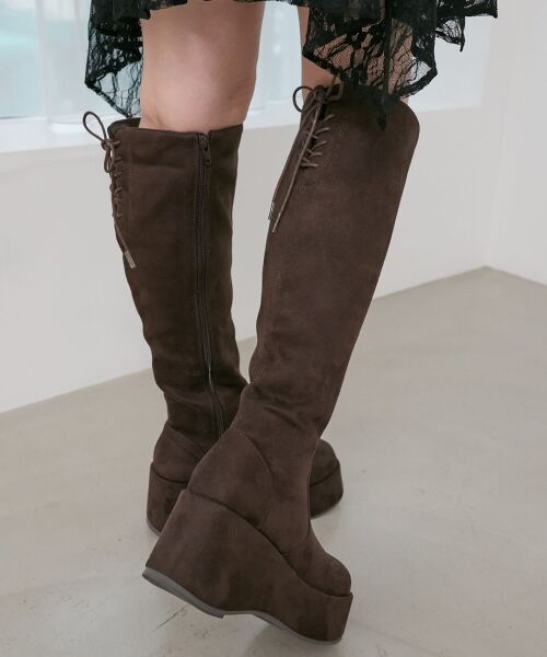 MAJESTIC LEGON/マジェスティックレゴン バックリボン厚底ロングブーツ ブラウン柄 M MAJESTIC LEGON/マジェスティックレゴン バックリボン厚底ロングブーツ ブラウン柄 M