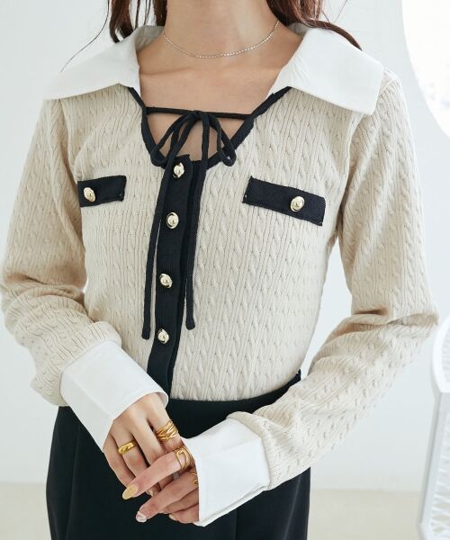 MAJESTIC LEGON / マジェスティックレゴン ニット・セーター | デコルテオープンバイカラー襟ニット | 詳細14