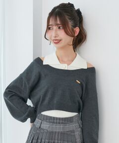 MAJESTIC LEGON / マジェスティックレゴン ニット・セーター | 襟付ノースリニットセットオフショルニット