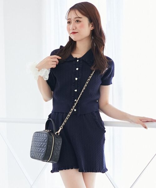 MAJESTIC LEGON/マジェスティックレゴン ミニケーブルフリルニットカーデ ネイビー M