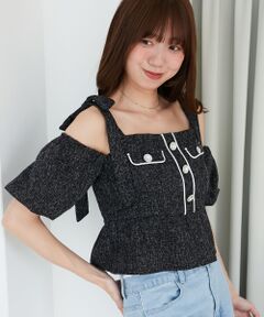 MAJESTIC LEGON / マジェスティックレゴン シャツ・ブラウス | 肩リボンツイードペプラムブラウス