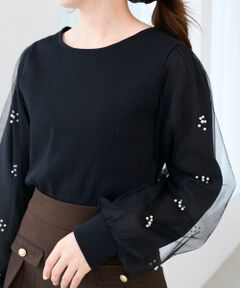 MAJESTIC LEGON / マジェスティックレゴン カットソー | パールチュールスリーブ長袖トップス