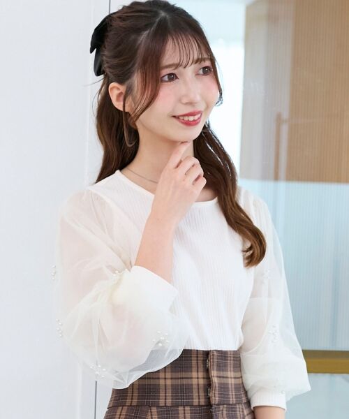 MAJESTIC LEGON / マジェスティックレゴン カットソー | パールチュールスリーブ長袖トップス | 詳細5