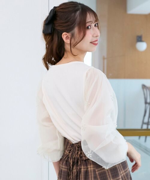 MAJESTIC LEGON / マジェスティックレゴン カットソー | パールチュールスリーブ長袖トップス | 詳細6