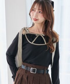 MAJESTIC LEGON / マジェスティックレゴン カットソー | 肩リボンチェックバイカラートップス