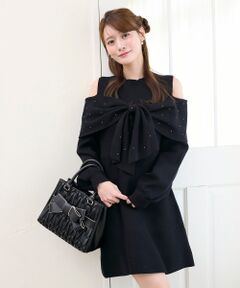 MAJESTIC LEGON / マジェスティックレゴン ミニ丈・ひざ丈ワンピース | ◎ビジューリボンニットミニワンピース