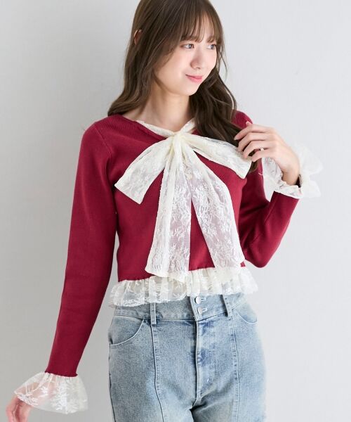 MAJESTIC LEGON / マジェスティックレゴン ニット・セーター | レースドッキングVネックニット | 詳細11