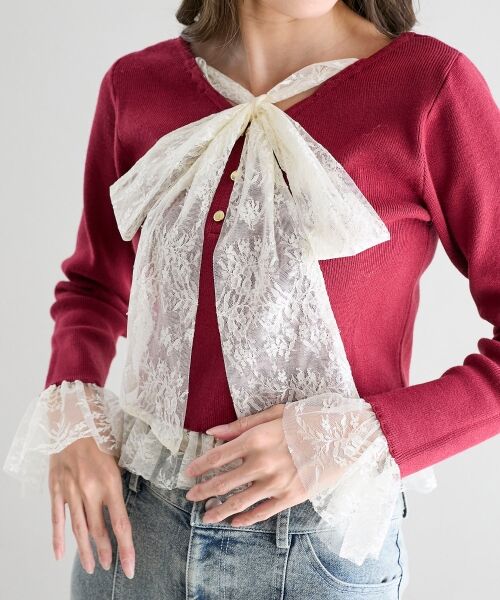 MAJESTIC LEGON / マジェスティックレゴン ニット・セーター | レースドッキングVネックニット | 詳細14