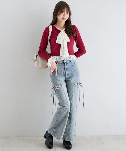 MAJESTIC LEGON / マジェスティックレゴン ニット・セーター | レースドッキングVネックニット | 詳細8