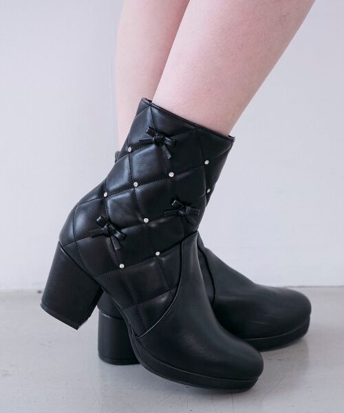 MAJESTIC LEGON / マジェスティックレゴン ブーツ(ショート丈) | キルティングビジューリボンブーツ(ブラック)
