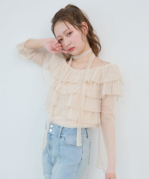 MAJESTIC LEGON / マジェスティックレゴン カットソー | チョーカーセットチュールフリルトップス（ピンクベージュ）