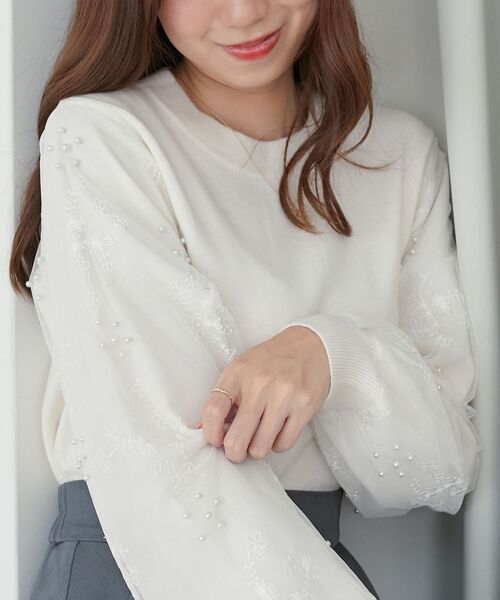 MAJESTIC LEGON / マジェスティックレゴン ニット・セーター | パールチュールスリーブニット（アイボリー）