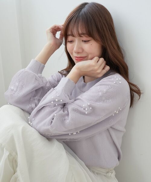 MAJESTIC LEGON / マジェスティックレゴン ニット・セーター | パールチュールスリーブニット（ラベンダー）