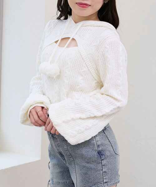 MAJESTIC LEGON / マジェスティックレゴン ニット・セーター | ポンポン付きフードケーブルニット（アイボリー）