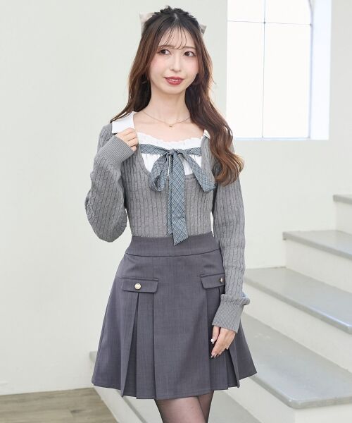 MAJESTIC LEGON / マジェスティックレゴン ニット・セーター | チェックリボンレイヤードライクニット（グレー）