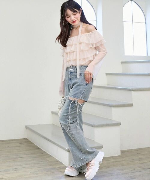 MAJESTIC LEGON / マジェスティックレゴン デニムパンツ | スリットビジューフレアデニムパンツ（ブルー）