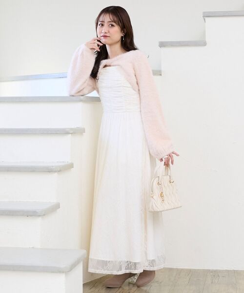 MAJESTIC LEGON / マジェスティックレゴン ミニ丈・ひざ丈ワンピース | シャギーボレロ×キャミワンピセット（ピンク柄）